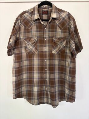 Plains Western Wear Men's Brown Plaid Short-Sleeve Shirt